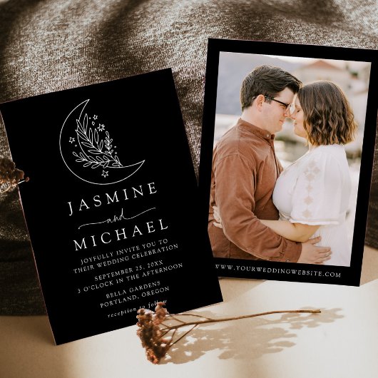 月エレガントと星ブラックフォト結婚ズ 招待状