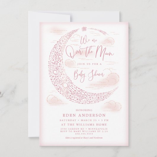 月エレガントの上のベビーガールシャワー招待状 招待状 (正面)
