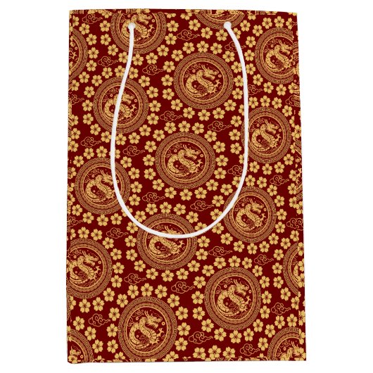 月エレガント龍年の赤金ゴールドの陳腐 ミディアムペーパーバッグ (正面)