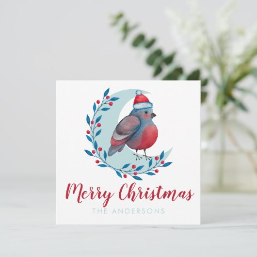 月カスタムのクリスマスカードに水色の鳥 招待状 (スタンド正面)