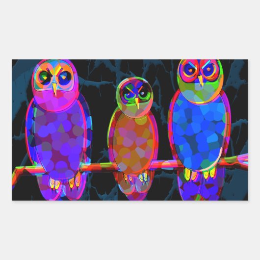 月カラフルの前の夜に3羽のフクロウ 長方形シール (正面)