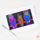 月カラフルの前の夜に3羽のフクロウ 長方形シール (封筒)