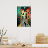 月カラフルの夜：猫と家魅力的の家 ポスター (キッチン)