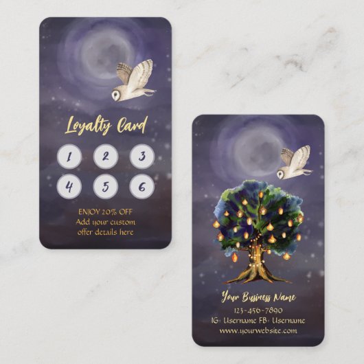 月パーソナライズされたとフクロウのロイヤリティカード 名刺 (正面/裏面)