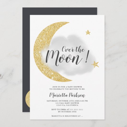 月モダン星の赤ちゃんシャワー上の金ゴールドグリッター 招待状 (正面/裏面)