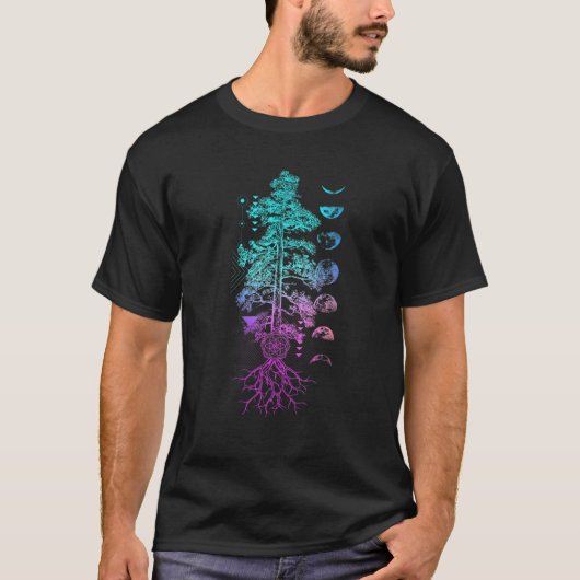 月ヨガの生命の位相の木のチャクラギフト Tシャツ (正面)