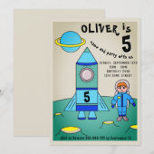 月ロケット宇宙飛行士の子供の誕生日パーティー 招待状 (正面/裏面)