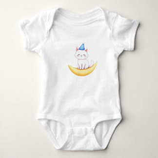 月上に座るかわいい白い子猫のTシャツ ベビーボディスーツ