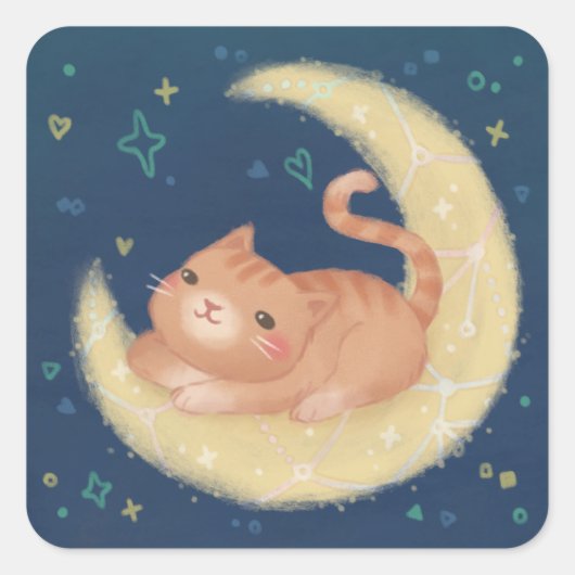 月上のかわいい猫 スクエアシール (正面)