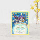 月上の男を飛び越える牛 カラフルな空想 ブランケット カード (黄色い花)