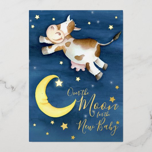 月上牛ジャンプ赤ちゃんシャワー 箔招待状 (正面)