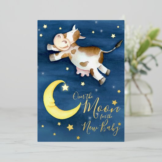 月上牛ジャンプ赤ちゃんシャワー 箔招待状 (立ち正面)