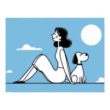 月下で犬と座る女性