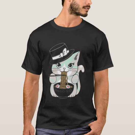 月下で麺類を食べるパステルゴスの可愛い猫 Tシャツ (正面)
