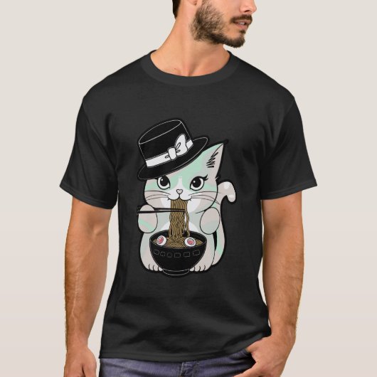 月下で麺類を食べるパステルゴスの可愛い猫 Tシャツ (正面)