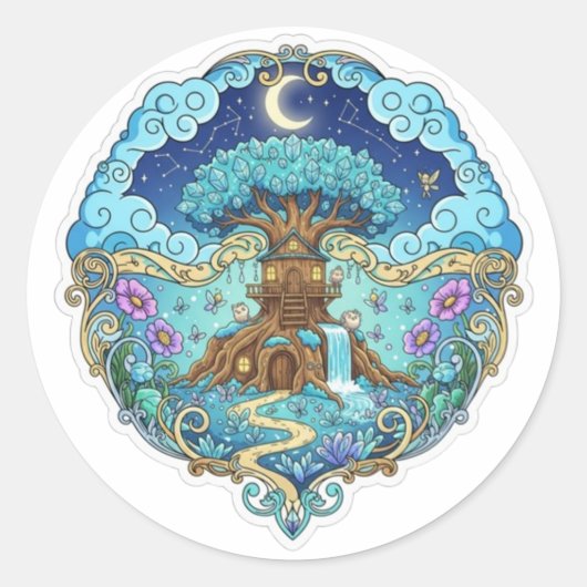 月下のツリーハウス ファンタジー魔法のイラスト ラウンドシール (正面)