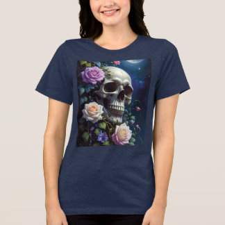 月下のバラのドクロ トライブレンドTシャツ