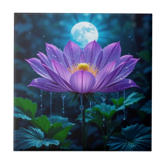 月下の紫蓮の花 タイル (正面)