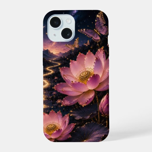 月下の蓮と蝶のスマホケース iPhone 15ケース (裏面)