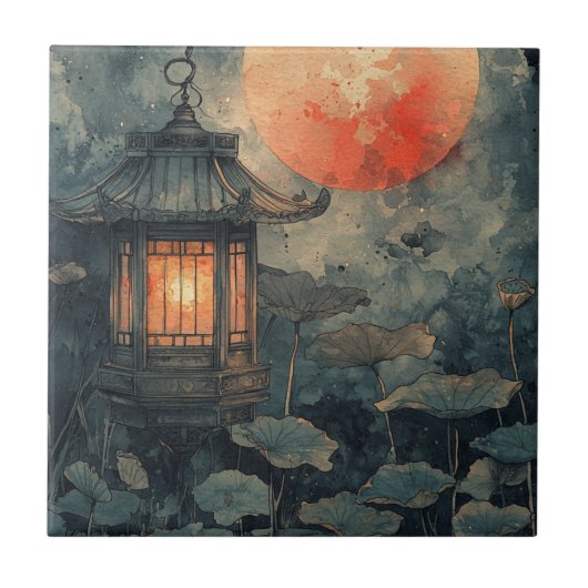 月下蓮灯籠の水彩画 タイル (正面)