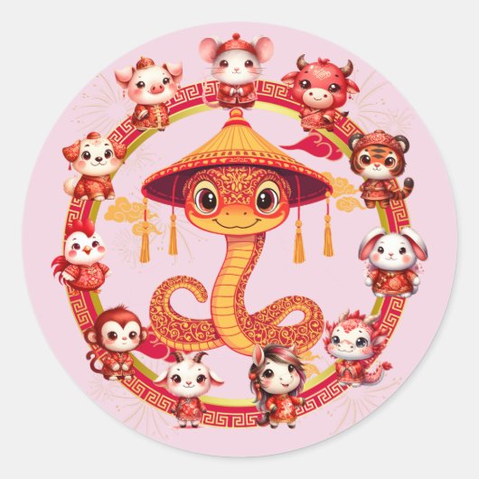 月中国の正月蛇デザイン1 ラウンドシール (正面)