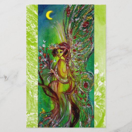 月光で花を持つ緑の妖精ファンタジー 便箋 (正面)