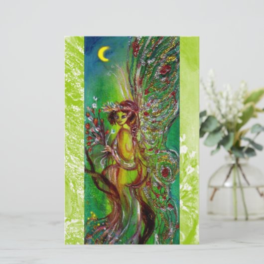 月光で花を持つ緑の妖精ファンタジー 便箋 (スタンド正面)