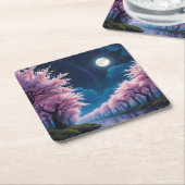 月光に照らされた桜の花の背景 スクエアペーパーコースター (アングル)