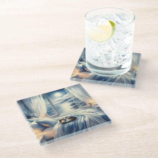 月光に照らされた海岸の寝室と眠る猫 ガラスコースター (アングル)