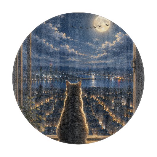 月光に照らされた猫が夜の窓から街を眺めるアート カッティングボード (正面)