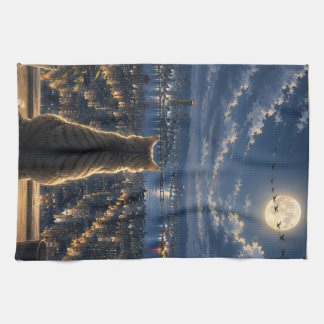 月光に照らされた猫が夜の窓から街を眺めるアート キッチンタオル