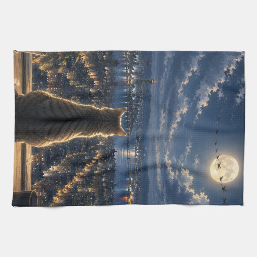 月光に照らされた猫が夜の窓から街を眺めるアート キッチンタオル (横)
