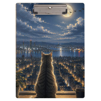 月光に照らされた猫が夜の窓から街を眺めるアート クリップボード
