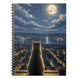月光に照らされた猫が夜の窓から街を眺めるアート ノートブック