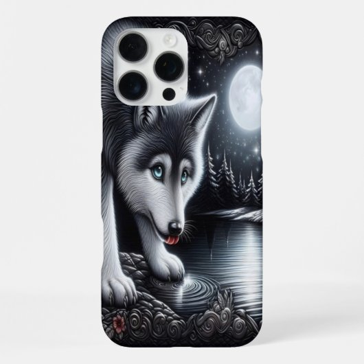 月光に照らされた白狼の水面反射 iPhoneケース (裏面)