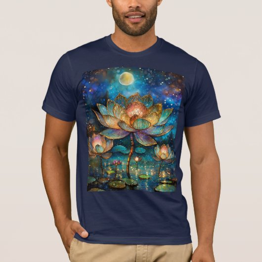 月光に輝くステンドグラスの蓮の花 Tシャツ (正面)