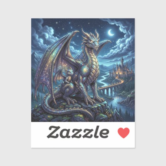 月光に輝く天空のドラゴンと城 シール (シート)