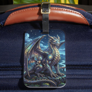 月光に輝く天空のドラゴンと城 ラゲッジタグ