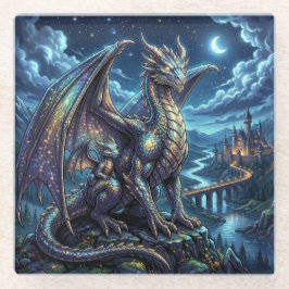 月光に輝く天空の親子のドラゴン   ガラスコースター