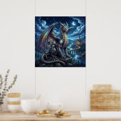 月光に輝く天空の親子のドラゴン ポスター (キッチン)