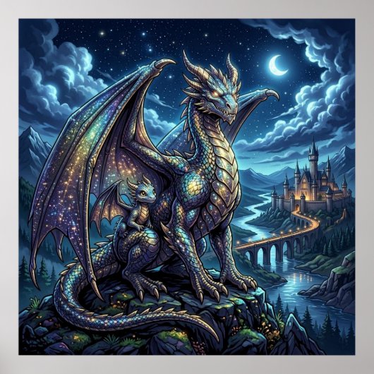 月光に輝く天空の親子のドラゴン ポスター (正面)