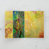 月光に輝く金色の花のスパークルがついた緑の妖精 シーズンカード (内部)