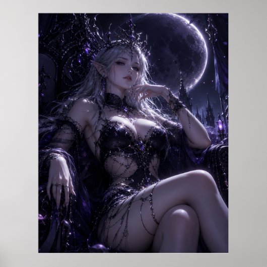 月光のエルフ女王 ダークファンタジーの肖像画 ポスター (正面)