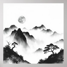 月光のピーク：満月と山の木炭アート ポスター