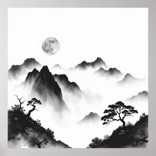 月光のピーク：満月と山の木炭アート ポスター (正面)