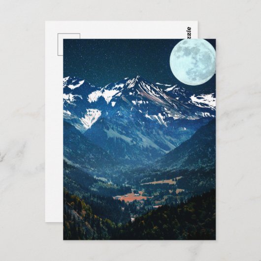 月光の下で雪に覆われた山々の冬の風景 ポストカード (正面/裏面)