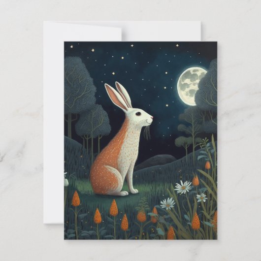月光の下のオレンジと白のウサギ ノートカード (正面)