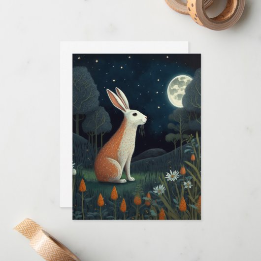 月光の下のオレンジと白のウサギ ノートカード (正面/裏面インサイチュ)