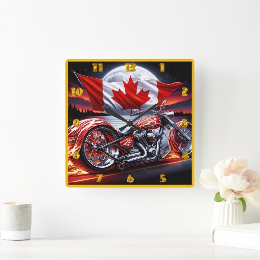 月光の下のカナダのオートバイ スクエア壁時計 (ホーム)