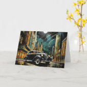 月光の下を走るアートデコ風のヴィンテージカー カード (黄色い花)